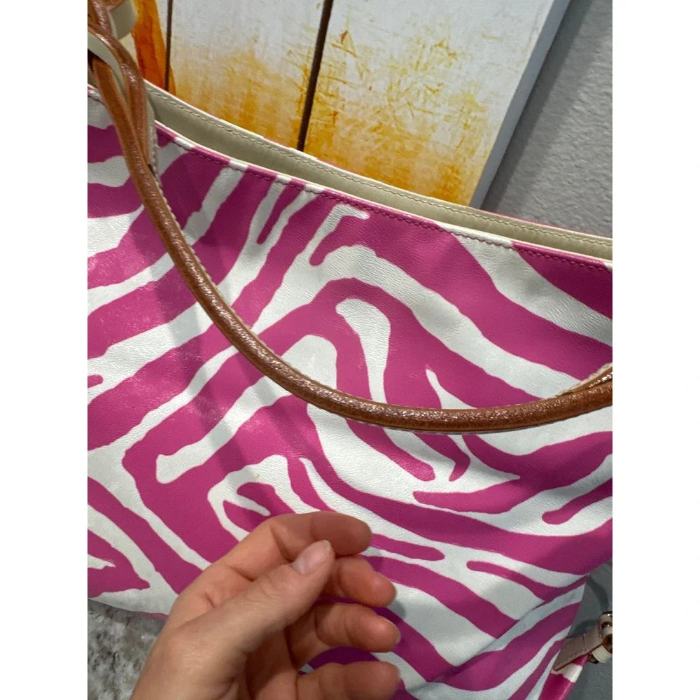 Dooney & Bourke pink white zebra print hobo handbag  leather straps‎ gold logo
